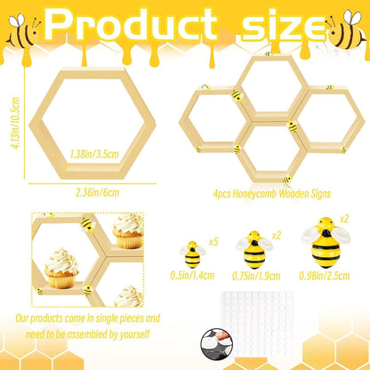 8 Pcs 4.13 Inch Honeycomb Cupcake Stand Cake Farmhouse Hexagon Display Holder Hexagonal Wood Cupcake Stand Floating Table Sign with Wooden Bee for Wedding Baby Shower Birthday Party Table Decorations