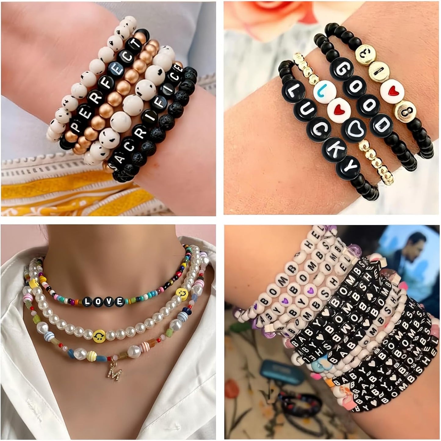 Amaney 1400pcs Glow Letter Beads, Heart Beads Whit Elastic Beading Cord,4x7mm Round Acrylic Alphabet Beads for Friend Bracelet Jewelry Making