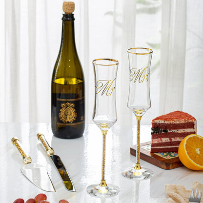 Wedding Cake Knife and Server Set, Wedding Cake Cutting Set with Mr and Champagne Flutes Glasses for Bride and Groom Gifts for Couples