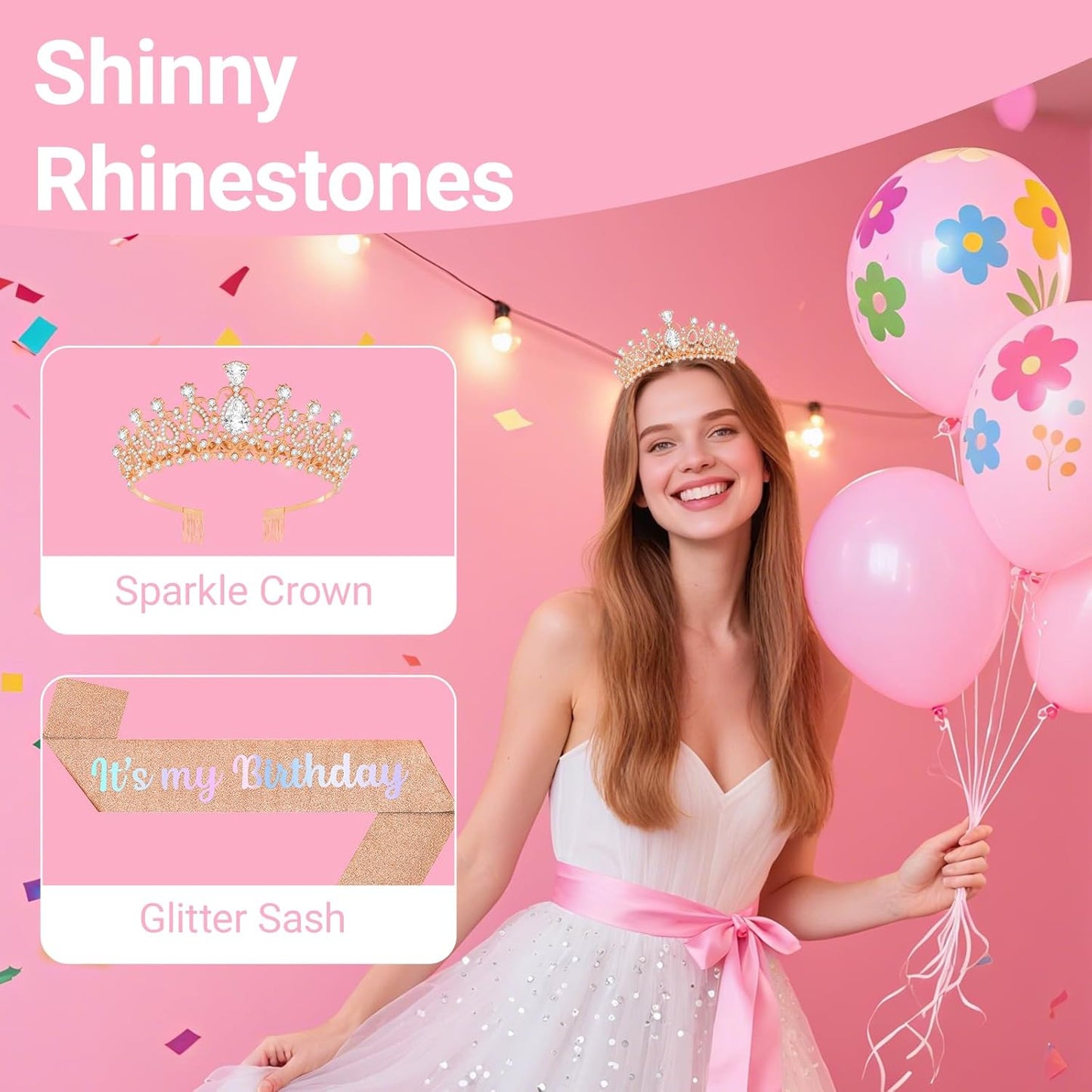 Birthday Tiara and Crown with Sash, Birthday Tiara for Women Party Silver