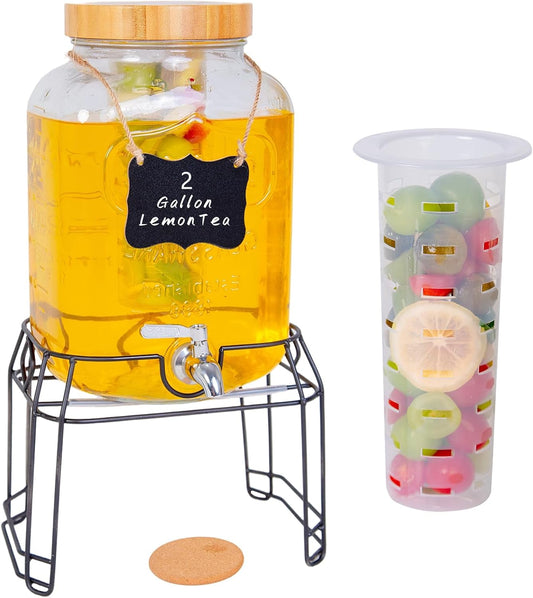 2 Gallon Glass Drink Dispenser with Stand,Stainless Steel Leakproof Spigot &Bamboo Lid& Labels& Fruit Infuse, Large Beverage Dispenser for Parties, Lemonade, Sun Tea, Picnic & Outdoor Use ﻿