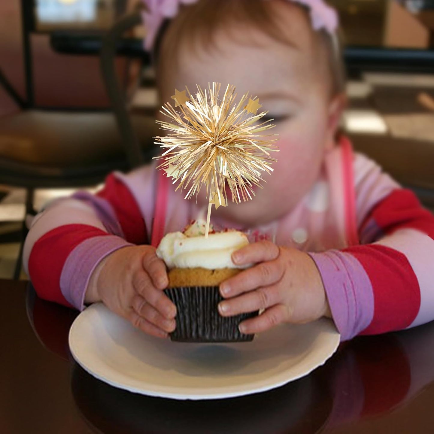 Ephlyn 30Pcs Foil Firework Cupcake Toppers Sparkle Tinsel Cupcake Picks Drink Stirrers Cocktail Food Fruit Toothpicks for Baby Shower Graduation Party Supplies White