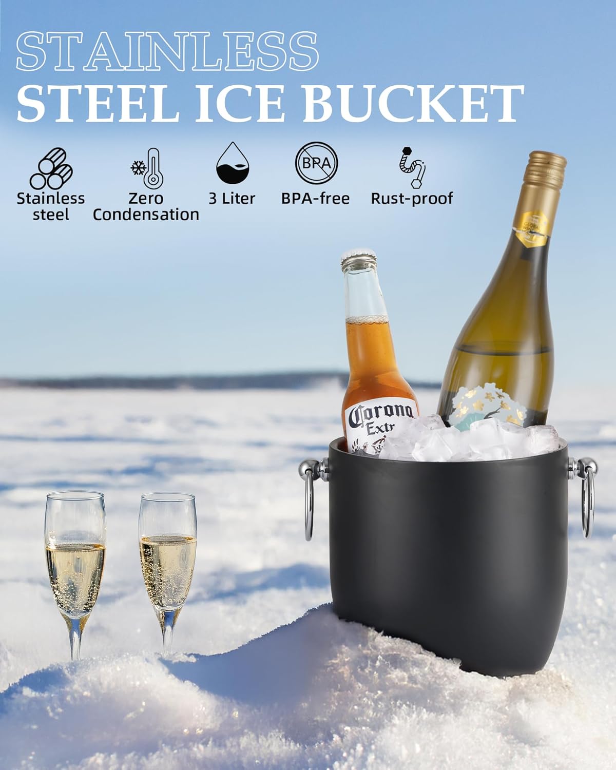 Insulated Ice Bucket, 3L Double Wall Stainless Steel Ice Bucket with Tongs,Lid, Scoop and Strainer, Ice Buckets for Parties,Cocktail Bars, Chilling Beer, Champagne, Wine Bottles,Wood