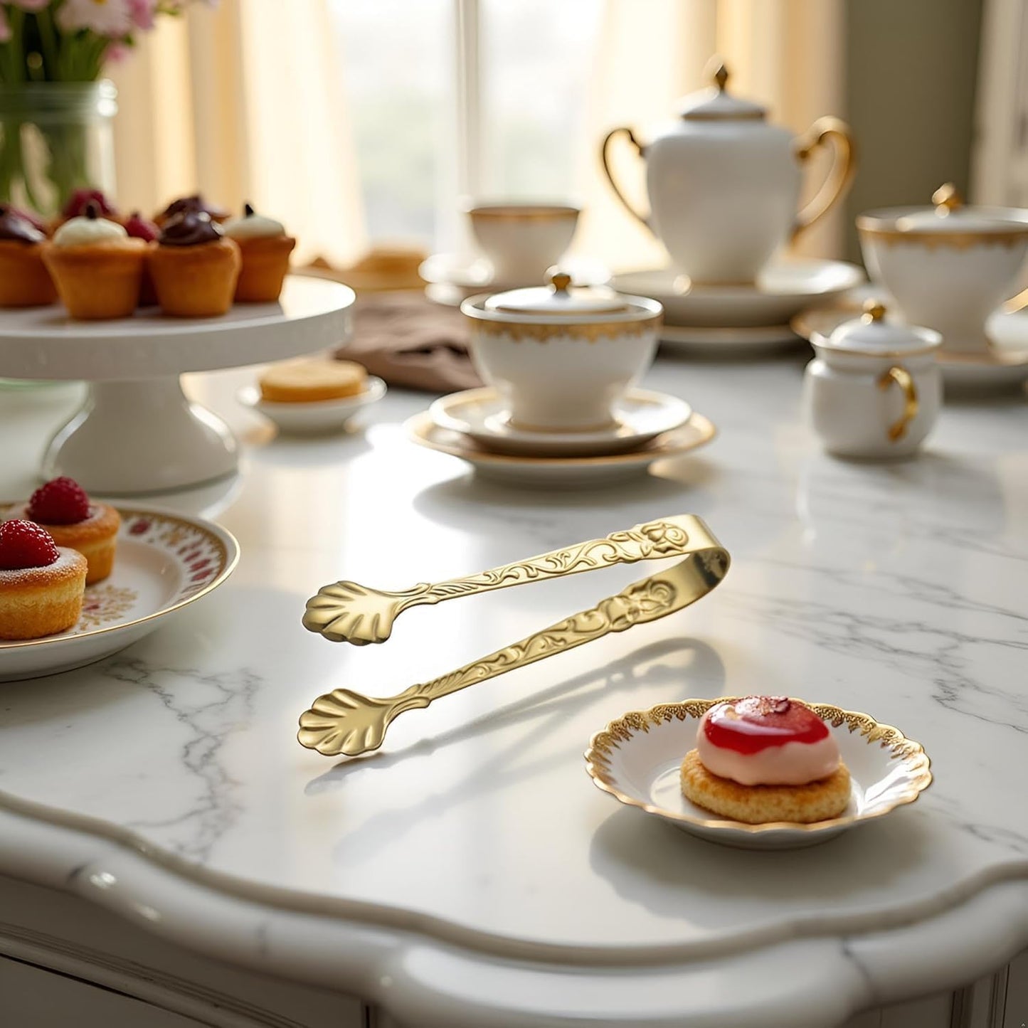 Mini Serving Tongs, Vintage Rose Sugar Cube Tongs, Stainless Steel, for Tea and Coffee Party, Appetizers, Desserts