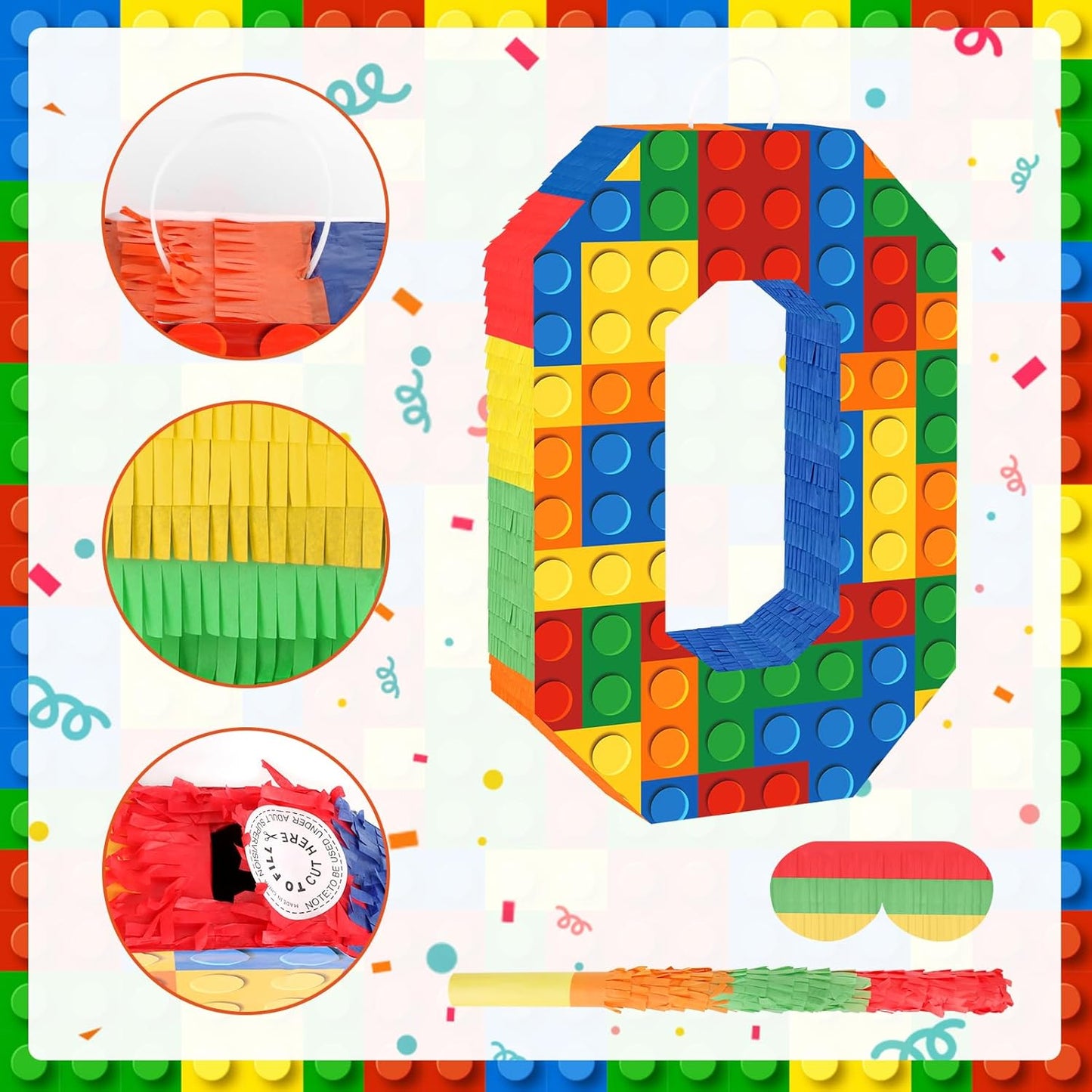 Number 7 Pinata Building Blocks with Pinata Stick Blindfold 7th Birthday Party Decorations Happy Birthday Building Block Theme Anniversary Party Supplies for Kids (Small, 16 x 10.6 x 3 in)
