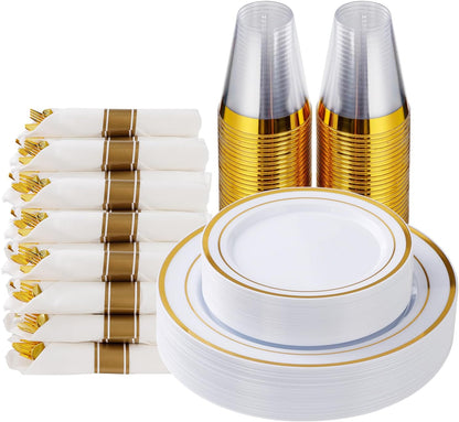 Goodluck 350 Piece Silver Plastic Dinnerware Set for 50 Guests, Fancy Disposable Plates for Party, Include: 50 Dinner Plates, 50 Dessert Plates, 50 Pre Rolled Napkins with Silver Silverware, 50 Cups