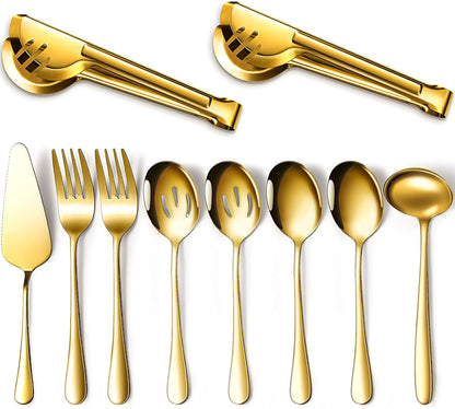 Patelai Serving Utensils Set Include Stainless Steel Large Spoons Slotted Spoons Forks Tongs Soup Ladle and Pie Server for Parties Buffet Catering, Dishwasher Safe(Silver,10 Pieces)