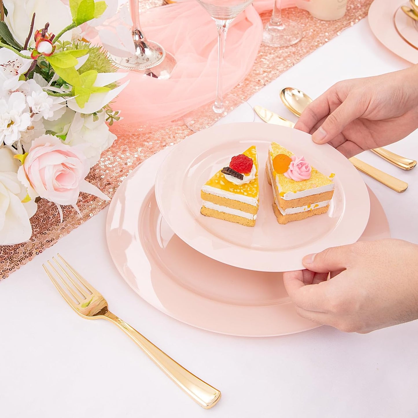 FLOWERCAT 60PCS White Plastic Plates - Heavy Duty White Disposable Plates for Mother's Day/Birthday Party/Wedding -serve for 30 guests Include 30PCS 10.25" & 30PCS 7.5" Plates for Party