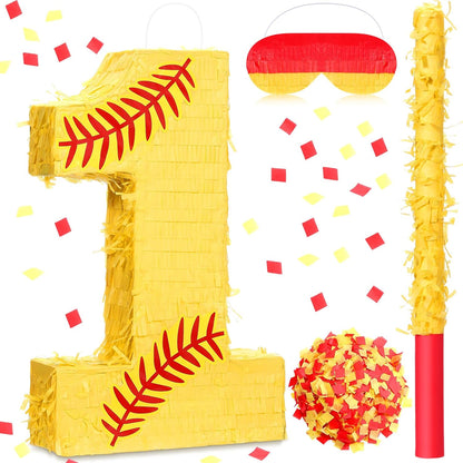 Soulchen Softball Number Piñata Set 16 Inch Yellow Softball Piñata with Blindfold Bat Confetti for Ball Sports Themed Birthday School Party Supplies Outdoor Game Decoration(Number 5)