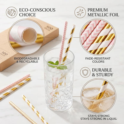 ALINK Biodegradable Paper Straws, 100 Pink and Gold Straws for Party Supplies, Birthday, Wedding, Bridal/Baby Shower, Christmas Decorations and Holiday Celebrations