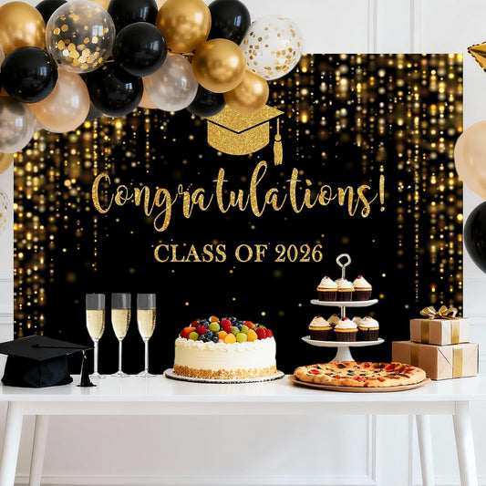 Mocsicka Class of 2026 Backdrop Blue Gold Glitter Bokeh Graduation Party Background 2026 Congrats Grad Prom Party Cake Table Decoration Photo Booth Props (7x5ft)