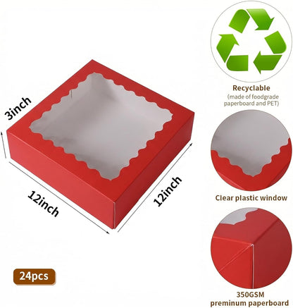 24 pcs12x12x3 Inch Bakery Boxes with Window, White 12 inch Cake Pastry large Pie Cookie Box for Dessert,strawberry,Chocolates Boxes