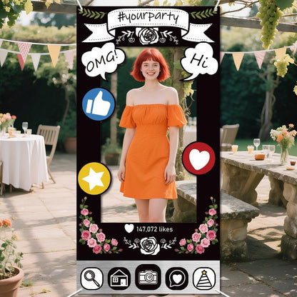 WADORN Social Media Photo Frame Props for Party Decor, 5.9x2.9ft Booth Selfie Frame with Emoji Speech Bubble Photo Door Backdrop Props Decor Large Fabric Photography Background Party Supplies
