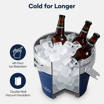 BUZIO 7 L Ice Bucket for Parties with Lid and Scoop & Tongs, Vacuum Insulated Stainless Steel Ice Buckets with Handle and Adjustable Shoulder Strap, Large Beverage Bucket for Cocktail Bar, Blue