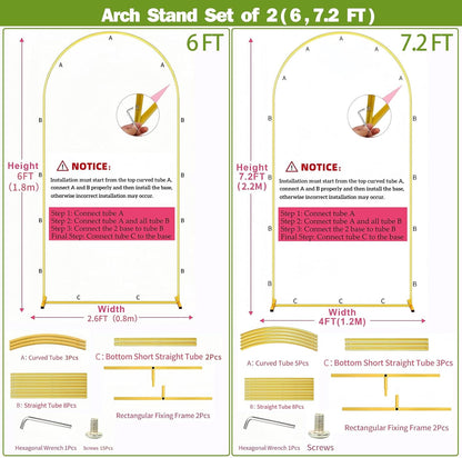 Metal Arch Backdrop Stand 7.2FT+6FT Wedding Arch Backdrop Stand Set of 2 Gold Arch Backdrop Stand for Valentines Day Party Wedding Ceremony Baby Shower Birthday Floral Balloon Decration