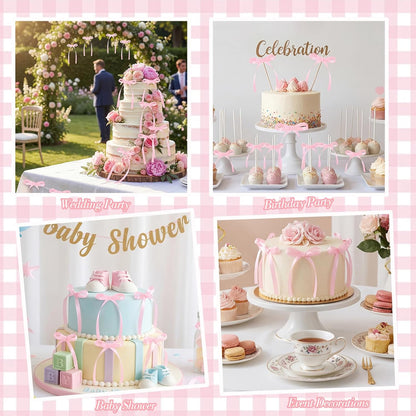 30 Pack Bow Cake Toppers Pink Ribbons Bows for Cake Coquette Themed Bow Cupcake Toppers Pink Bow Birthday Decorations for Baby Shower, Birthday, Wedding, Bachelorette, Mothers Day Decorations
