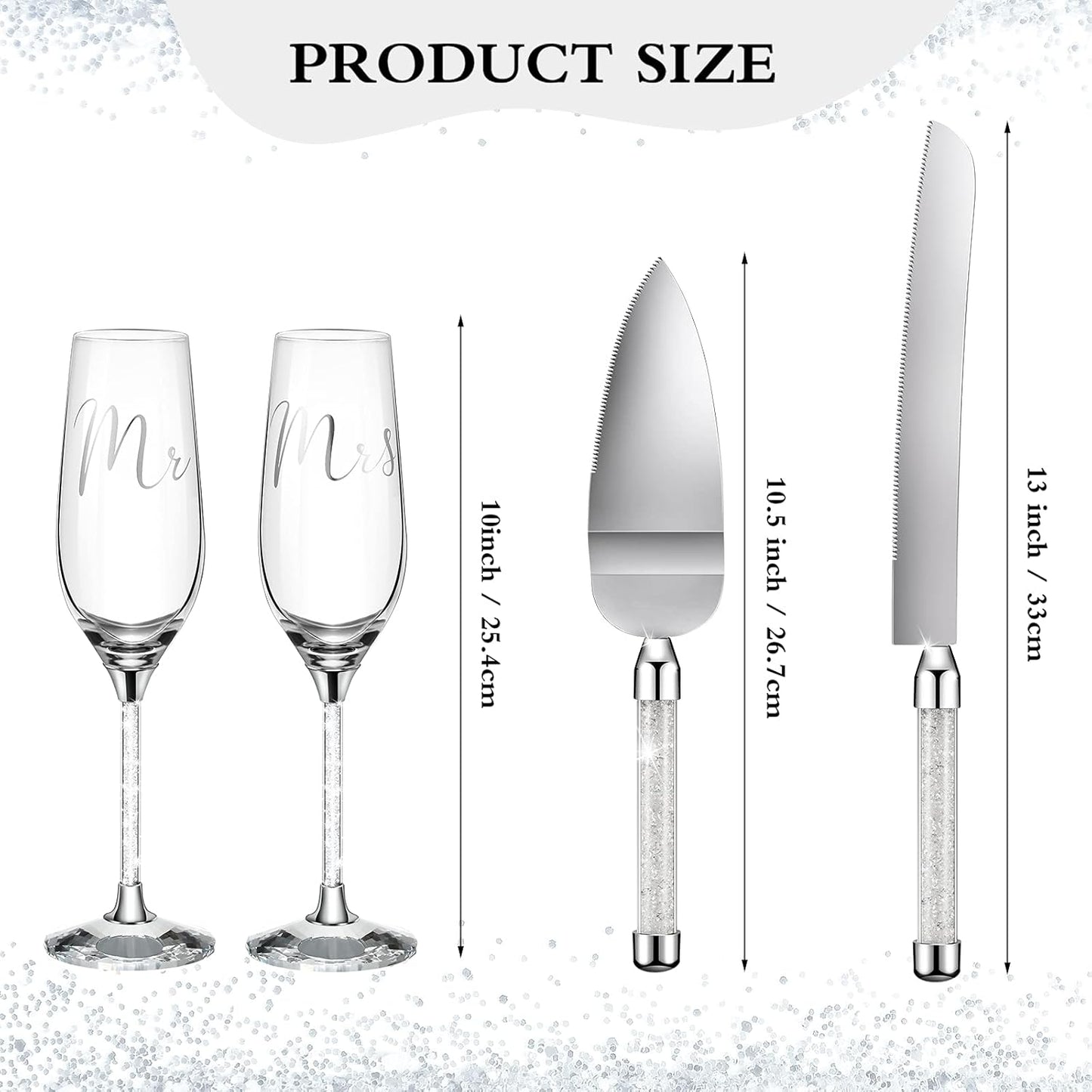 Boao 4 Piece Wedding Cake Knife and Champagne Flutes Server Set Mr and Mrs Toasting Flutes Crystal Rhinestone Cake Cutting Set for Bride and Groom Wedding Engagement Bridal Shower Gifts(Silver)