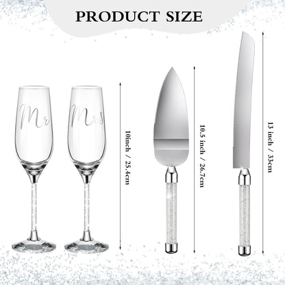 Boao 4 Piece Wedding Cake Knife and Champagne Flutes Server Set Mr and Mrs Toasting Flutes Crystal Rhinestone Cake Cutting Set for Bride and Groom Wedding Engagement Bridal Shower Gifts(Silver)