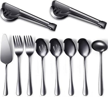 Patelai Serving Utensils Set Include Stainless Steel Large Spoons Slotted Spoons Forks Tongs Soup Ladle and Pie Server for Parties Buffet Catering, Dishwasher Safe(Silver,10 Pieces)