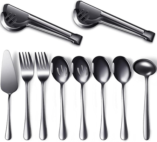 Patelai Serving Utensils Set Include Stainless Steel Large Spoons Slotted Spoons Forks Tongs Soup Ladle and Pie Server for Parties Buffet Catering, Dishwasher Safe(Silver,10 Pieces)