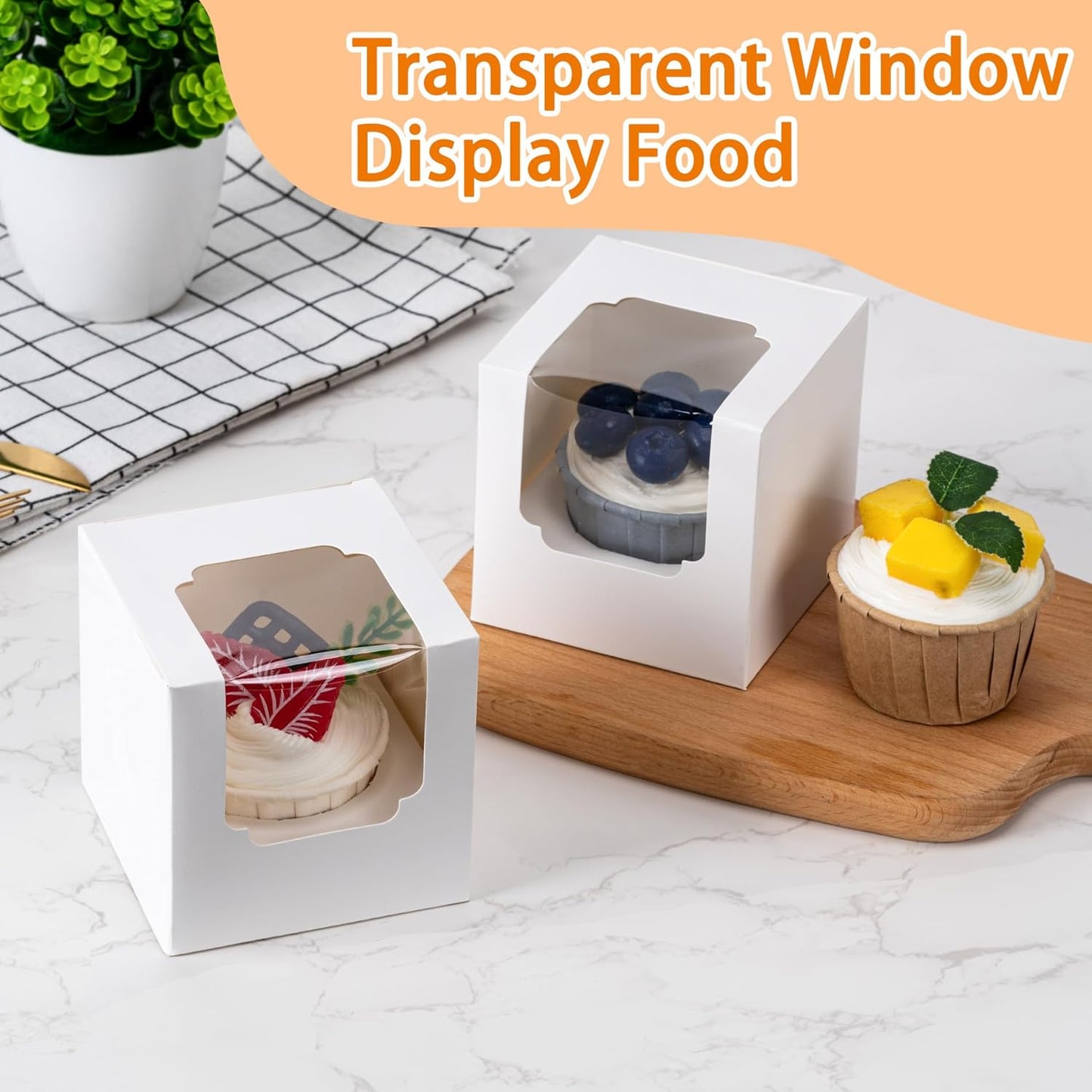 BOOMIBOO 50 Pack Individual Cupcake Containers, Cupcake Boxes with Window, Food Grade Cupcake Holders with Inserts, Stackable Deep Cupcake Carrier (White)