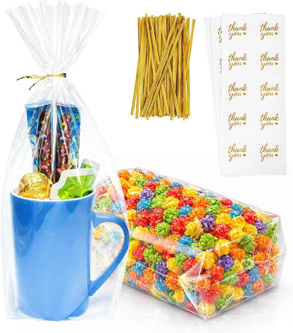 Cellophane Treat Bags, 5x7 Inch Iridescent Cellophane Bags with Thank You Stickers and Twist Ties, Celebrations Baby Showers Weddings Birthday Party Gift Wrapping(Pack of 100)