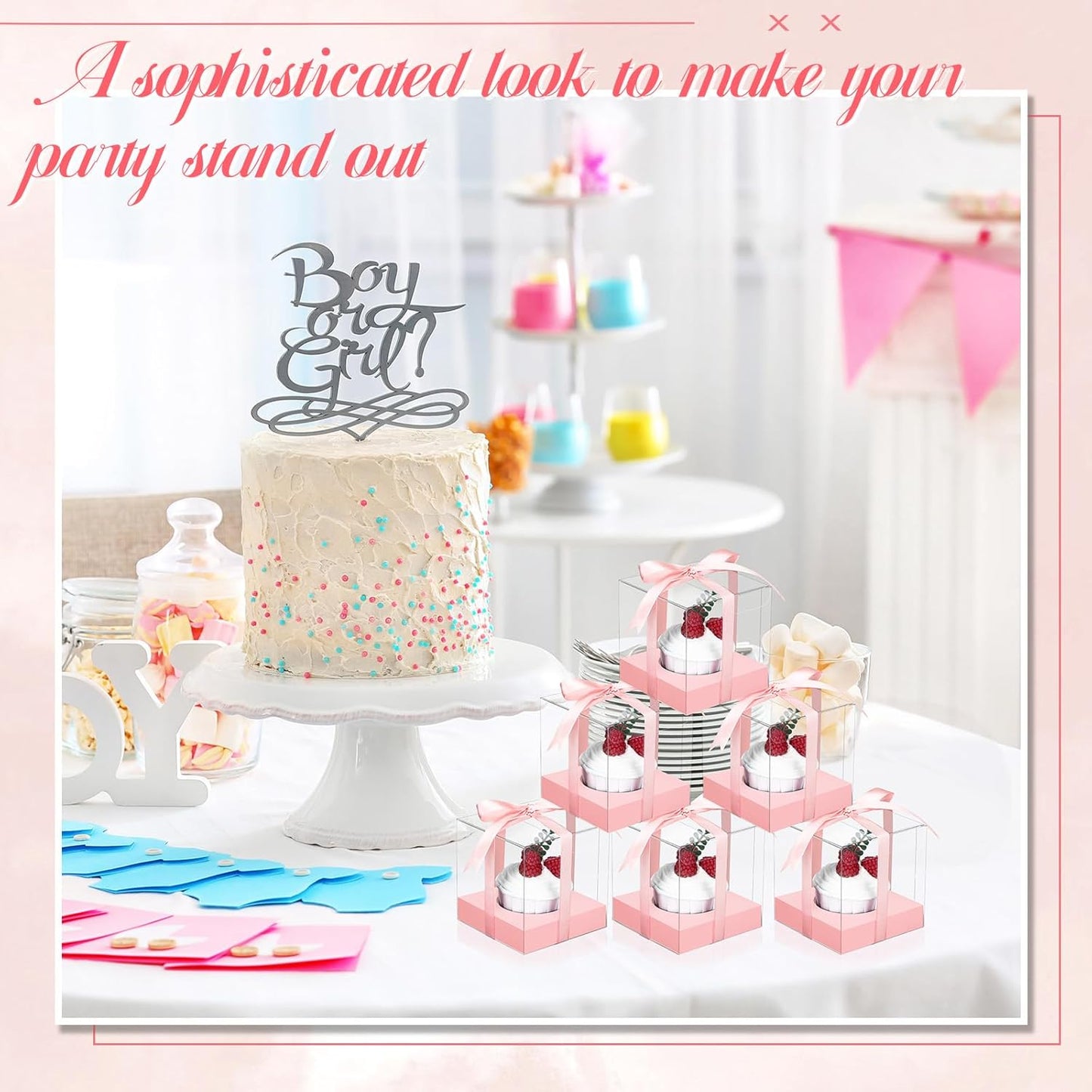 Thenshop 50 Pcs Clear Cupcake Boxes Individual 3.5 Inch Plastic Single Cupcake Containers Boxes with Inserts and Ribbon Individual Cake Storage Holders for Cake Kitchen(Dark Blue)