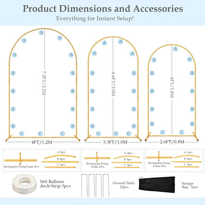 Wedding Arch Backdrop Stand, 6FT, 5FT, 4FT Set of 3 Metal Gold Balloon Arch kit Stand for Ceremony Baby Shower Birthday Bridal Party Event Background Decoration, Garden Climbing Plant Fram