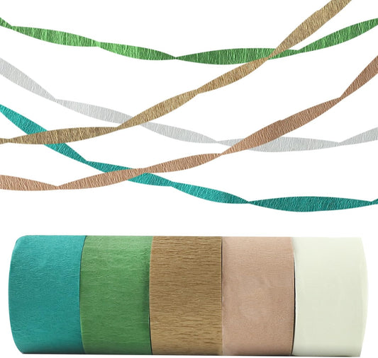 5 Rolls Crepe Paper, Green and Gold Paper Streamers Party Decorations, for Bachelorette, Wedding, Jungle Theme Party, Baby Shower, Bridal Shower, Engagement, Birthday, 5 Colors
