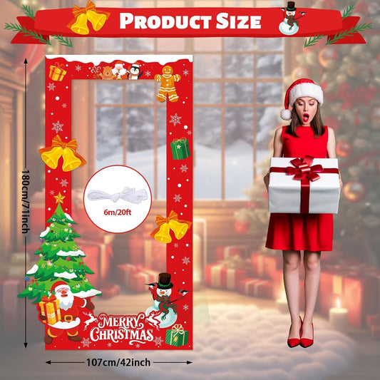 Christmas Photo Booth Props Santa Polyester Picture Booth Props Large Selfie Photo Frame Xmas Party Christmas Picture Frame for Winter Holiday Theme Birthday Party New Year Decoration