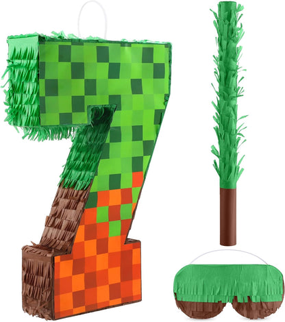 Pixel Number 7 Birthday Pinata with Blindfold Stick 16.4 Inch Block Style Pinata Fillable for Candy and Treats Hanging Mexican Birthday Party Decorations Video Game Party Supplies
