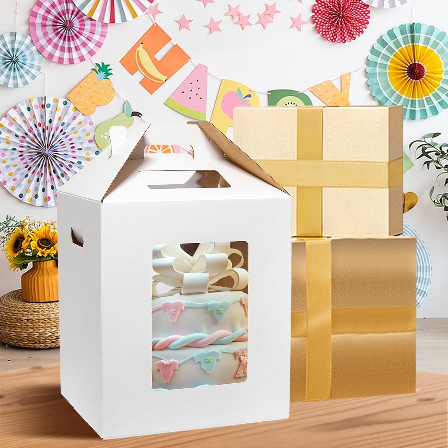 Wowxyz 3 Pack Tall Cake Boxes 14x14x16 Inches with Cake Board - Large Disposable Layer Baking Carrier Tier Bakery Take Out Transport Containers With Window for Wedding, Birthday, Party White