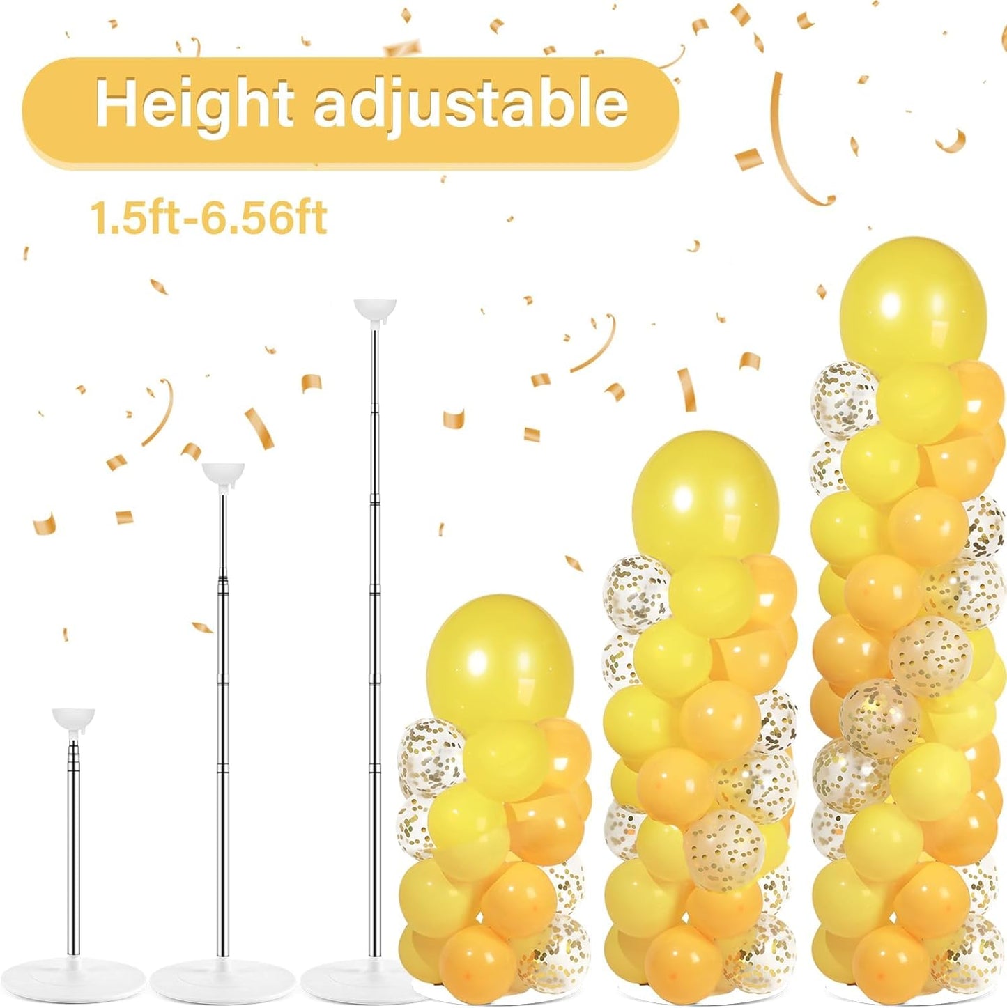 2 Set Black and Gold Balloons Column Stand Kit with 100 Balloons Adjustable Balloon Stand with Bases for Floor Black Gold Confetti Balloon Column Kit for Bridal Shower Valentine Birthday Party Decor