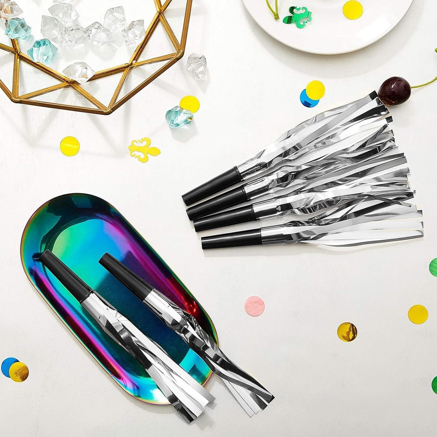 Skylety 24 Pcs Party Blower Noisemakers Silver Glitter Noise Maker for Sport Events Squawkers Blowouts Whistles Fringed Musical Blowouts for Birthday Wedding 2026 Grad Party Supplies