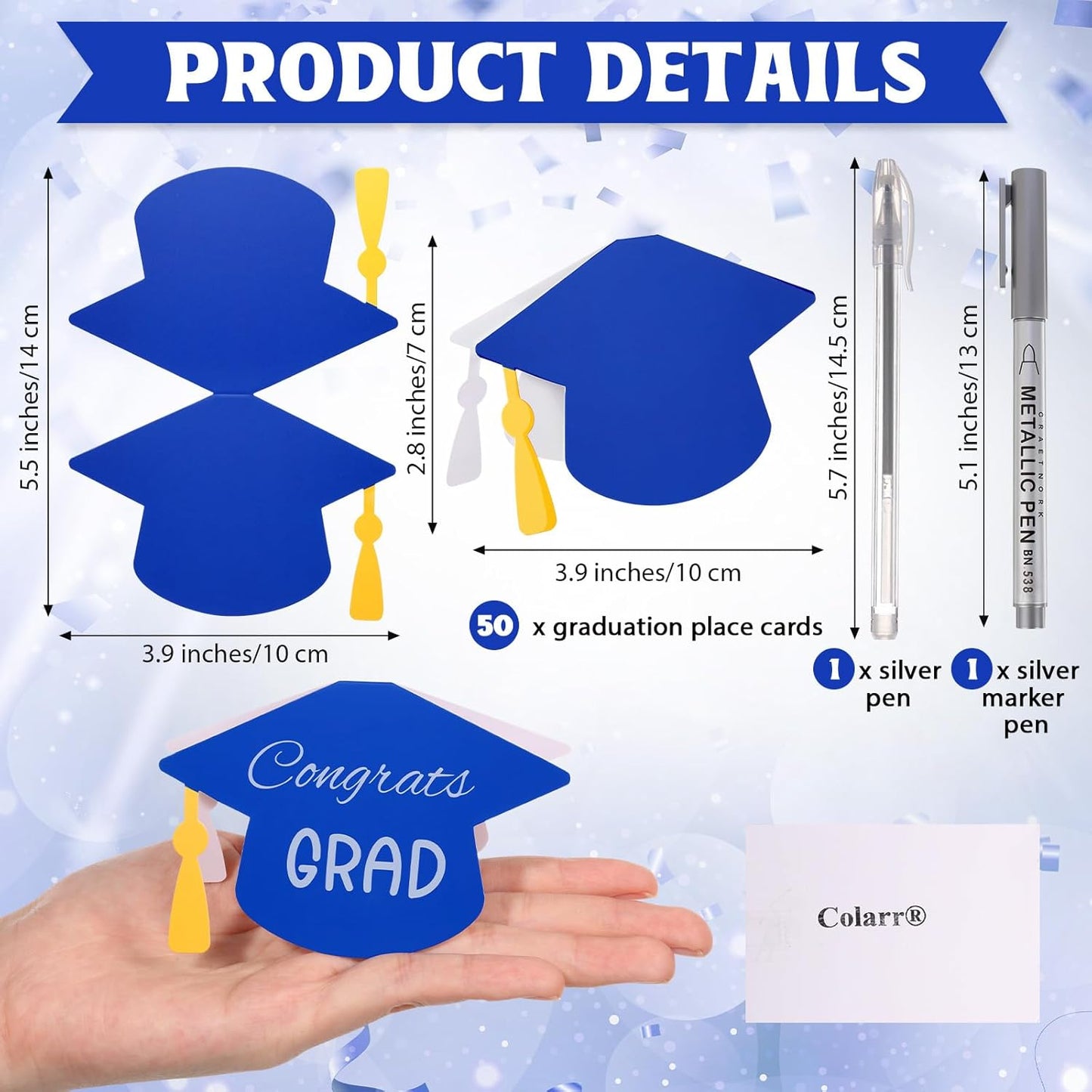 Colarr 2026 Graduate Place Cards with 2 Silver Marker Pen 50 Pcs Black Grad Caps Buffet Food Labels Congrats Grad Folded Tent Name Cards for Graduation Party Table Setting Decorations Supplies