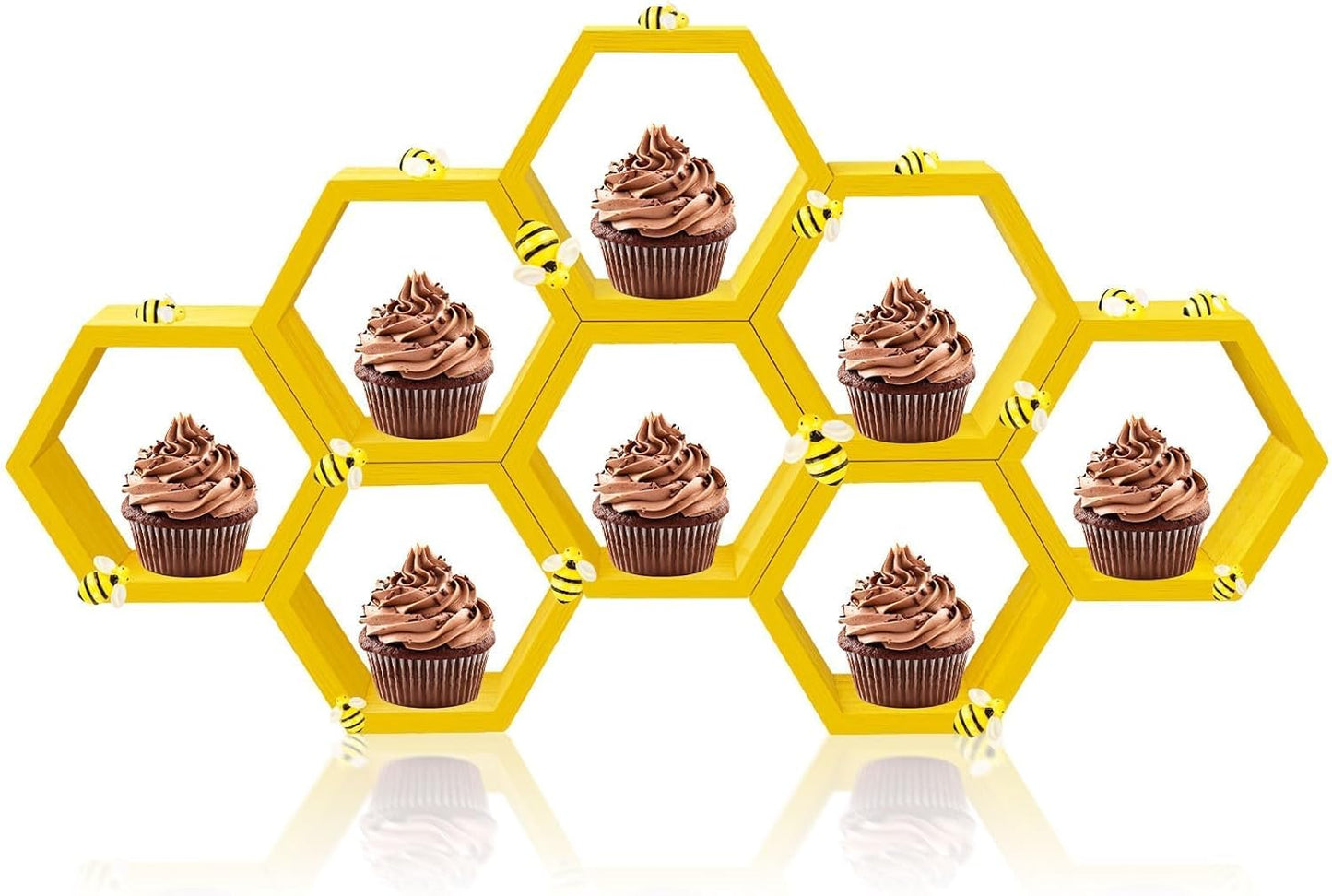 8 Pcs 4.13 Inch Honeycomb Cupcake Stand Cake Farmhouse Hexagon Display Holder Hexagonal Wood Cupcake Stand Floating Table Sign with Wooden Bee for Wedding Baby Shower Birthday Party Table Decorations