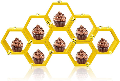 8 Pcs 4.13 Inch Honeycomb Cupcake Stand Cake Farmhouse Hexagon Display Holder Hexagonal Wood Cupcake Stand Floating Table Sign with Wooden Bee for Wedding Baby Shower Birthday Party Table Decorations