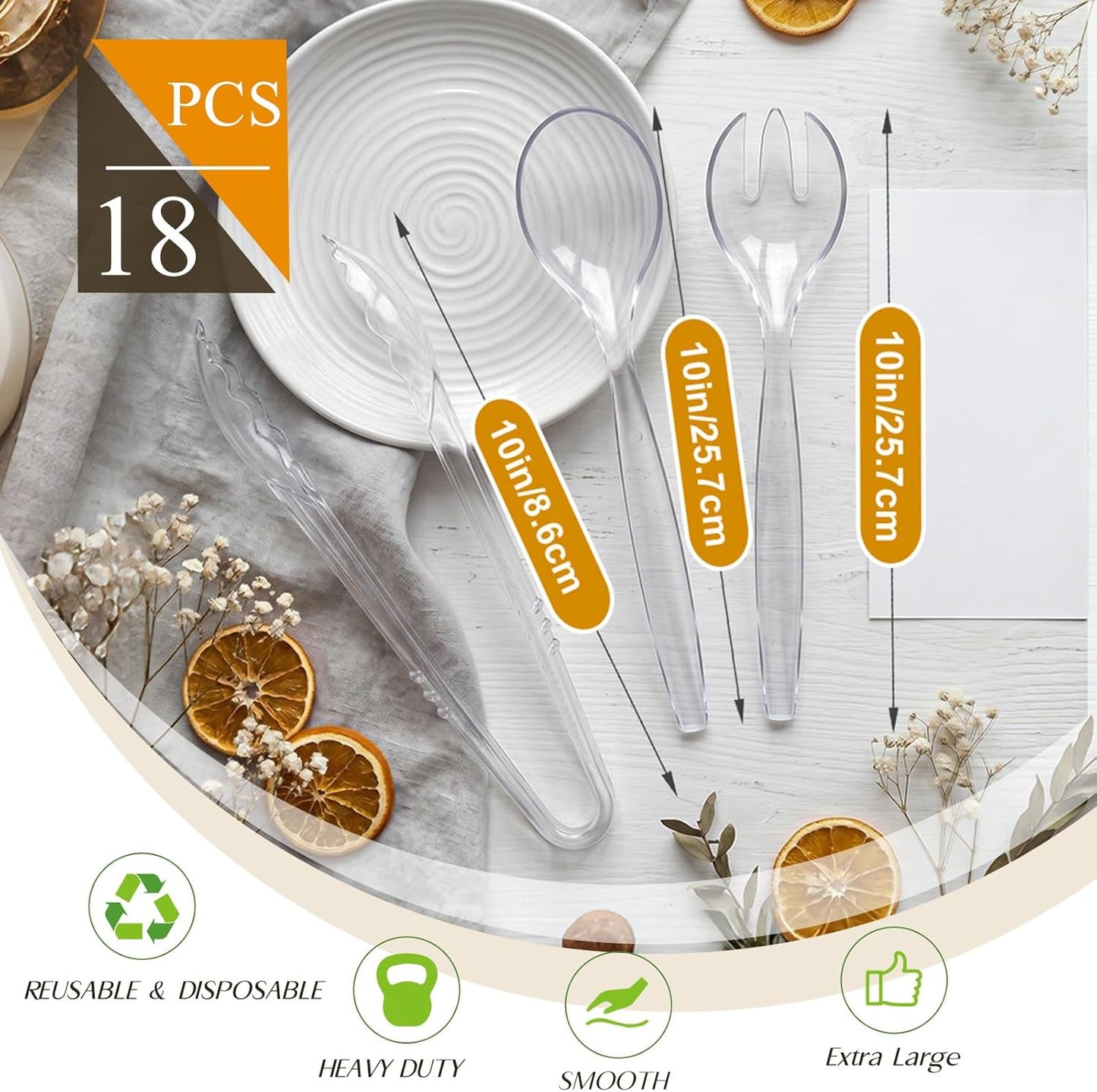 Mwellewm 18Pcs Serving Utensils, 10'' Plastic Serving Utensils Set, Disposable Serving Spoons for Buffet, Large Serving Tongs for Food, Heavy Duty Party Supplies for Salad Soup Cooking Catering(Black)