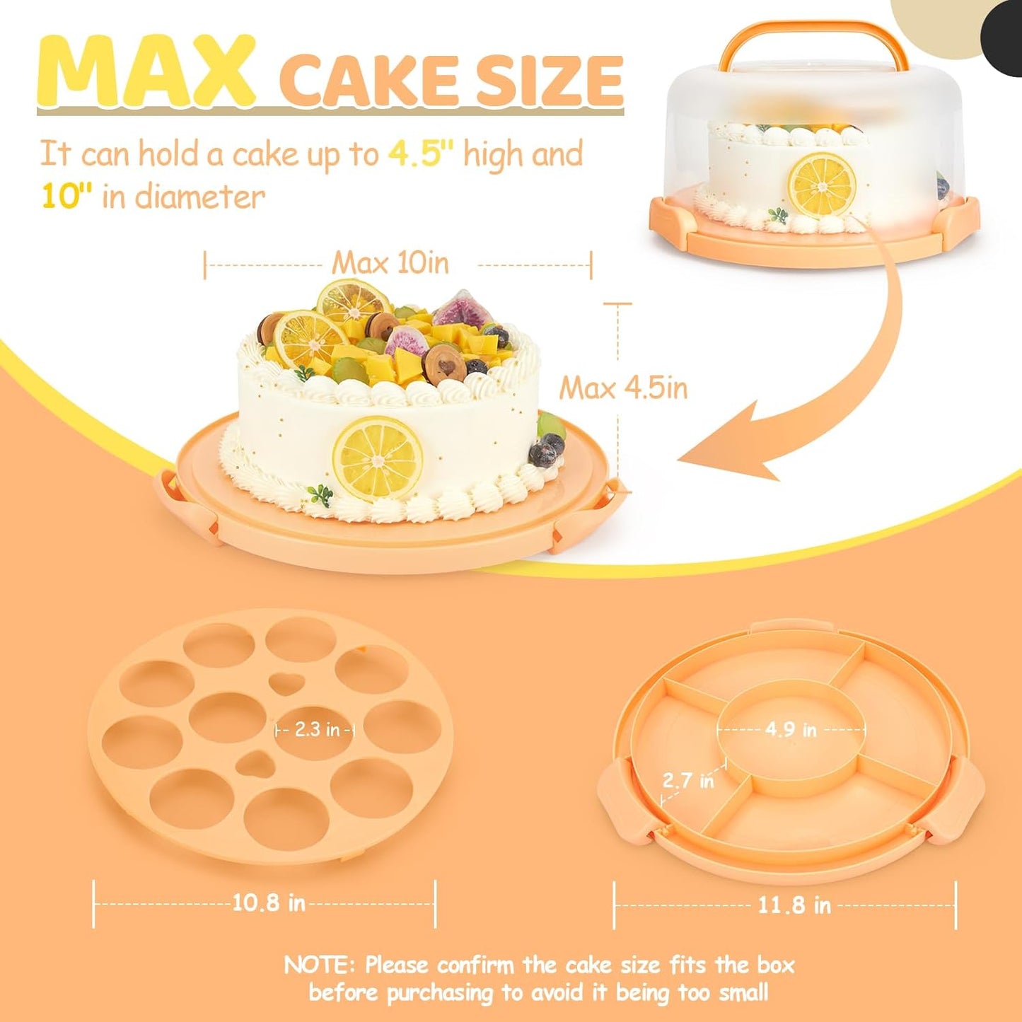Cake Carrier with Lid and Handle, Ohuhu BPA-Free Cake Containers Cake Holder for 10 inch Cake with 2 Handle Cupcake Carrier - Plastic Cover Two Sided Base for Transport Pie Nut Fruit Mothers Day Gifts