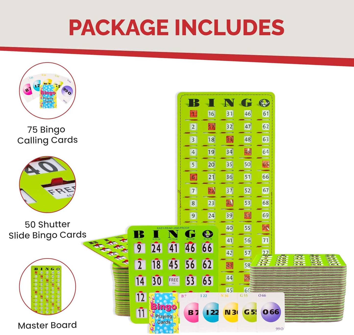 MR CHIPS Jam-Proof Bingo Cards with Sliding Windows, 25 Reusable Shutter Cards, 75 Calling Cards 1 Master Board in Tan Woodgrain Style