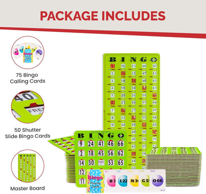 MR CHIPS Jam-Proof Bingo Cards with Sliding Windows, 25 Reusable Shutter Cards, 75 Calling Cards 1 Master Board in Tan Woodgrain Style