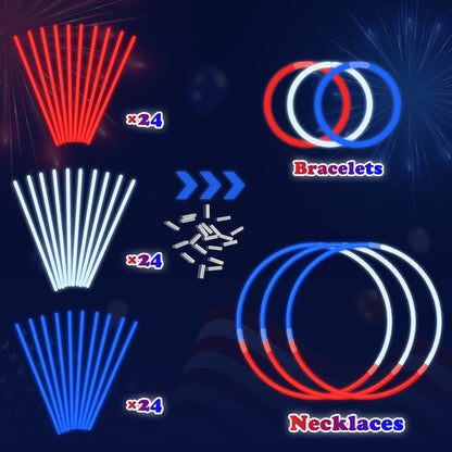 Bulk Patriotic Red White Blue glow sticks 300 PCS,Light up Bracelets Necklaces Accessories for Kids,Glow Party Favors Supplies Decorations for Independence Day, Fourth 4 of July Parade, Birthday, Pool