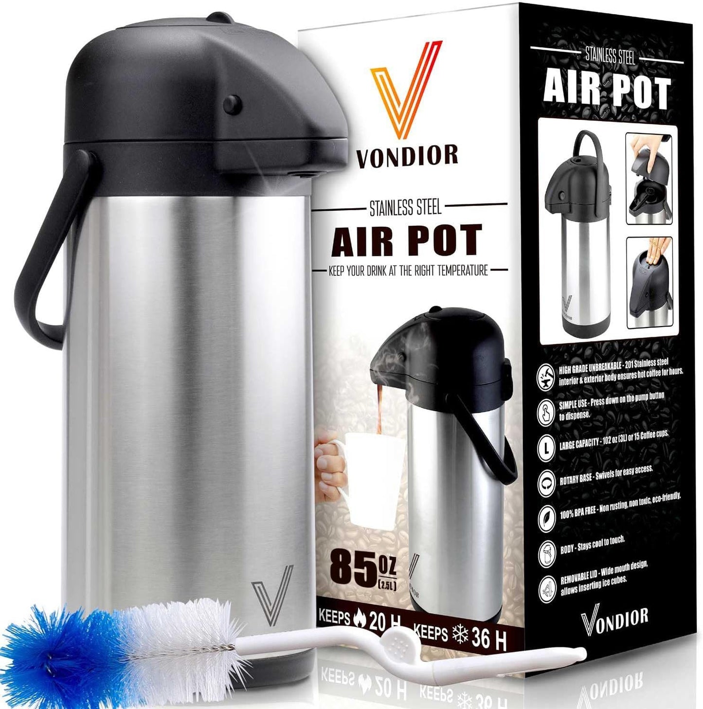 Coffee Carafe for Keeping Hot - 102oz/3L Airpot Coffee Dispenser with Pump - Insulated Stainless Steel Hot Beverage Dispenser for Parties - Thermal Carafe for Hot Drinks Water Tea Chocolate