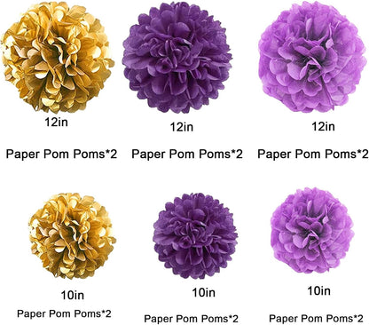 12Pcs Purple and Gold Hanging Tissue Paper Pom Poms,Pompoms Flowers for Ceiling Party Decorations(Purple,Light Purple,Gold)