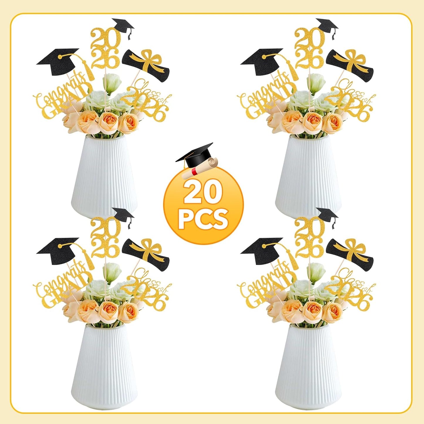 Graduation Decorations 2026, 20 PCS Sparkling Black Double-Sided Centerpiece Sticks for Tables, Class of 2026 Table Toppers and Party Supplies