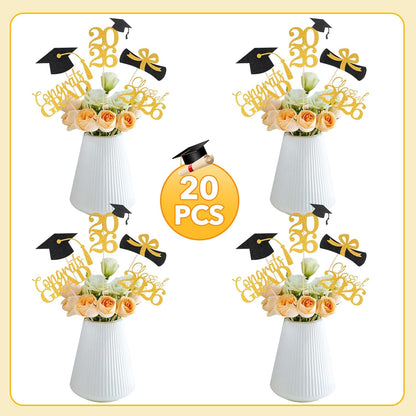 Graduation Decorations 2026, 20 PCS Sparkling Black Double-Sided Centerpiece Sticks for Tables, Class of 2026 Table Toppers and Party Supplies