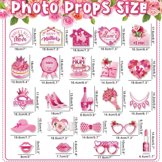 Mothers Day Decorations 23pcs Mothers Day Photo Booth Props and Pink Photo Frame Happy Mothers Day Selfie Props with Sticks for Mother Day Party Supplies