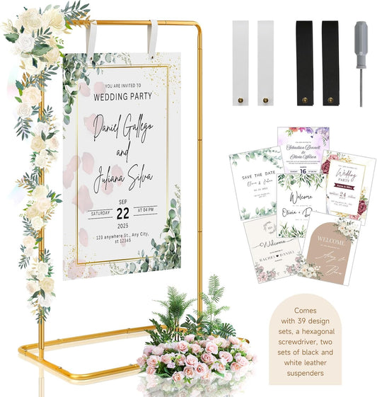 Wedding Sign Holder, 68”x31”x 20” Welcome To Our Wedding Sign Display Stand with 39 Premium Templates&Leather Straps, Heavy Duty Easel Stand Sturdy Display for Wedding, Birthday, Anniversary