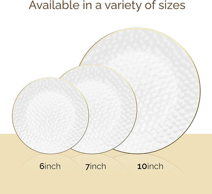 R-kay 100 Pack Clear Plastic Plates - 6.25 IN Hammered Gold Rimmed Sturdy, Durable And Extra Heavy duty Gold Plastic Dessert Plates Disposable - Ideal For Appetizer And And For Desserts.