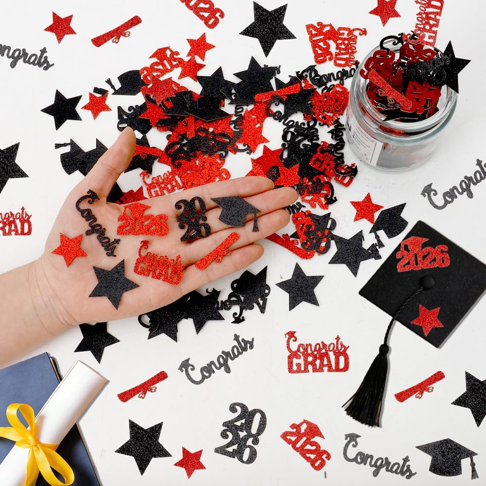 Black Gold Graduation Confetti Class of 2026 Black Graduation Cap, 200Pcs Glitter Stars Confetti Sprinkles, Table Congrats Grad Confetti for Graduation Party Table Decorations